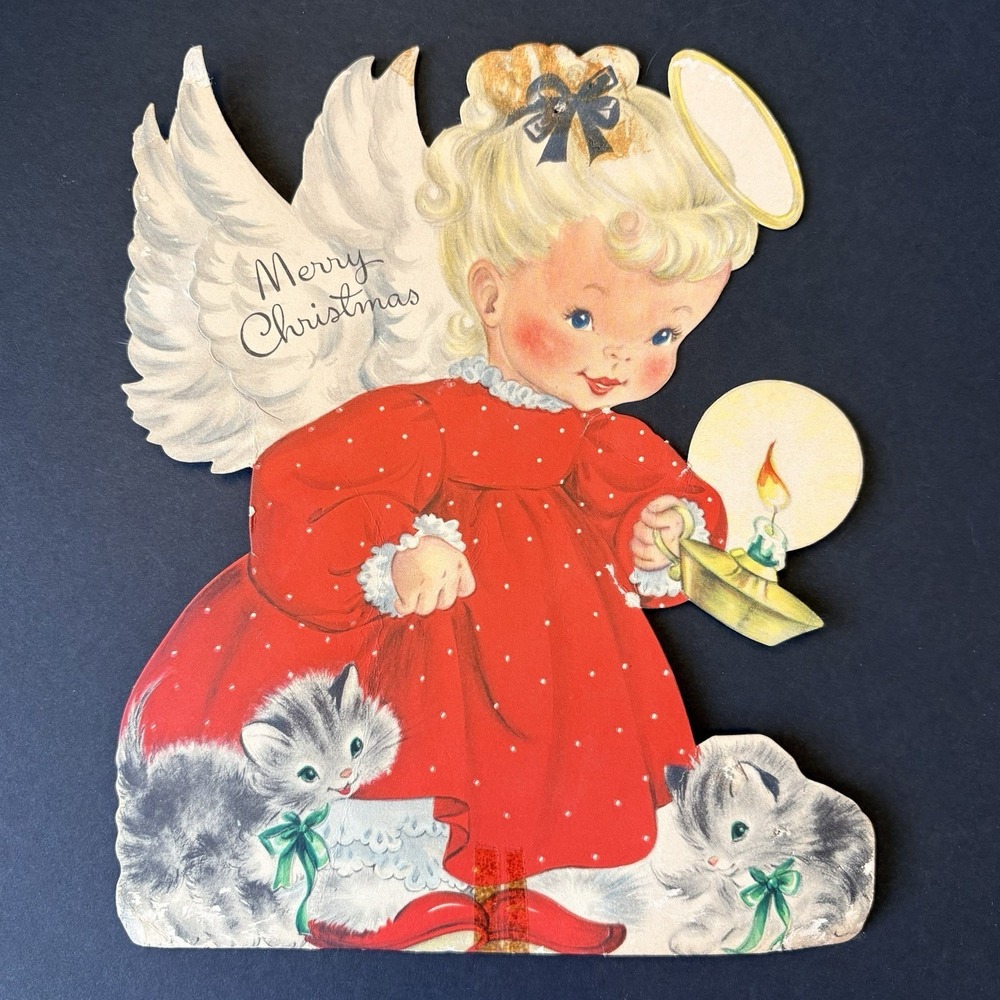 Vintage 1950s Hallmark Card Christmas Angel w/ Candle & Kittens Cat 8.5x 7" READ